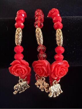 Red Rose Elephant Charm Stretch Bracelet set